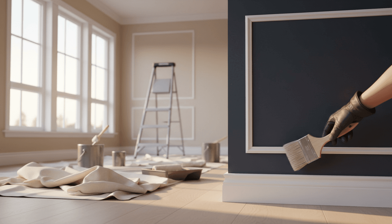 Professional painter applying finishing touches to a freshly painted interior wall with crisp trim and crown molding