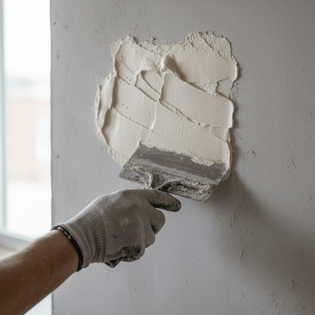 Drywall repair showing professional compound application and finishing