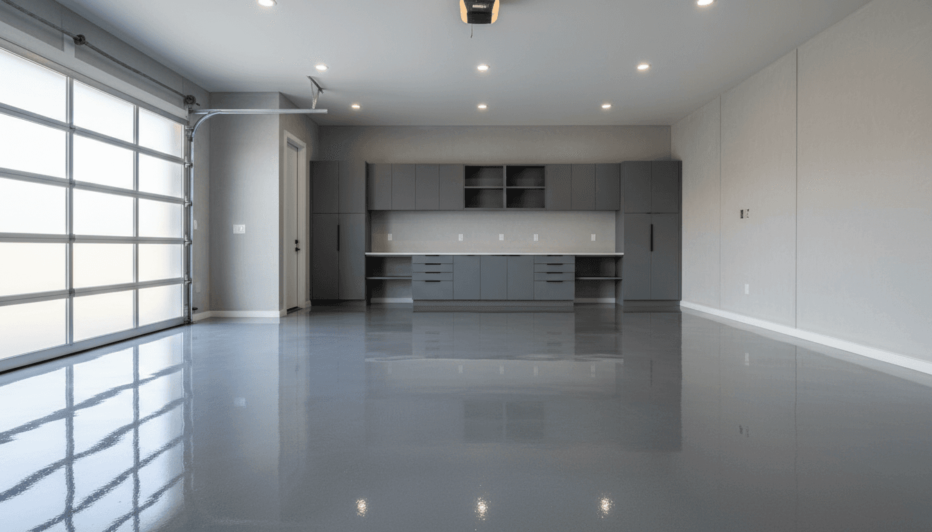 Spacious residential garage with gleaming metallic gray epoxy floor finish and newly coated walls