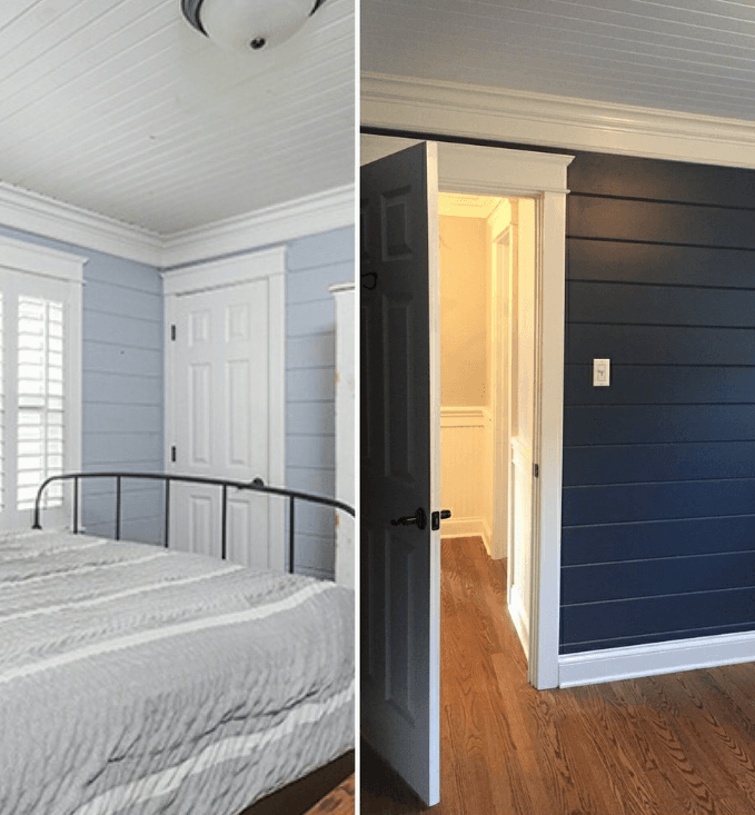 Side-by-side comparison of a room renovation featuring light blue and dark navy shiplap walls.